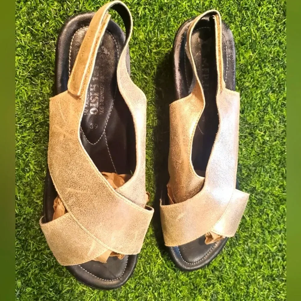 Mephisto Cross Slingback Wedge Golden Sandals Sz 39 EU
